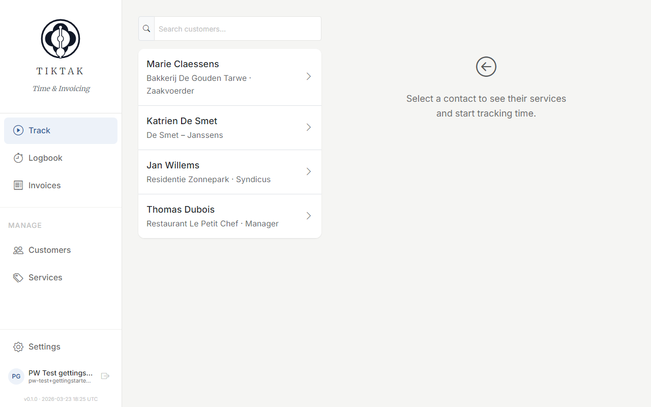 TikTak Track screen showing customer list on the left