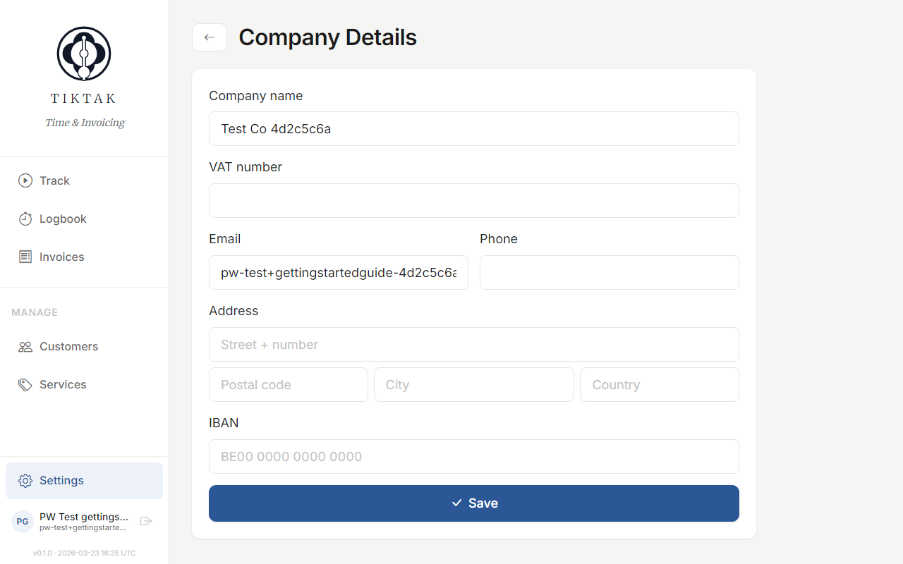 Company settings form with name, VAT, and address