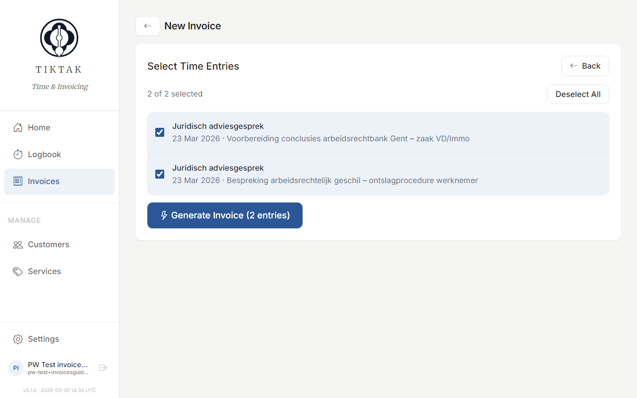 Invoice wizard — select time entries
