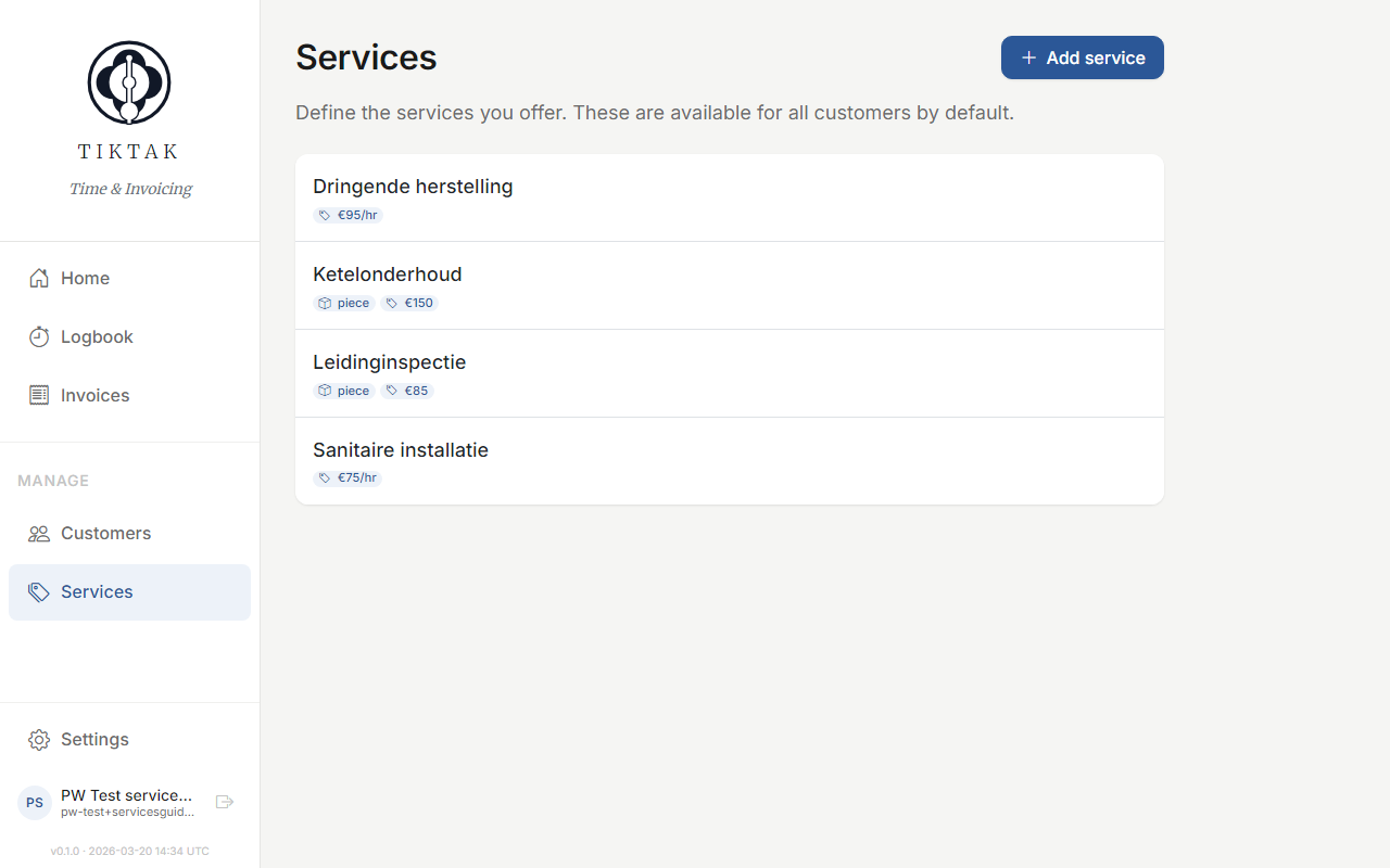 Service list with hourly and fixed services
