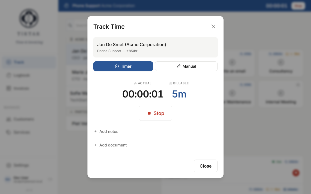 Time entry dialog showing running timer with elapsed time and stop button