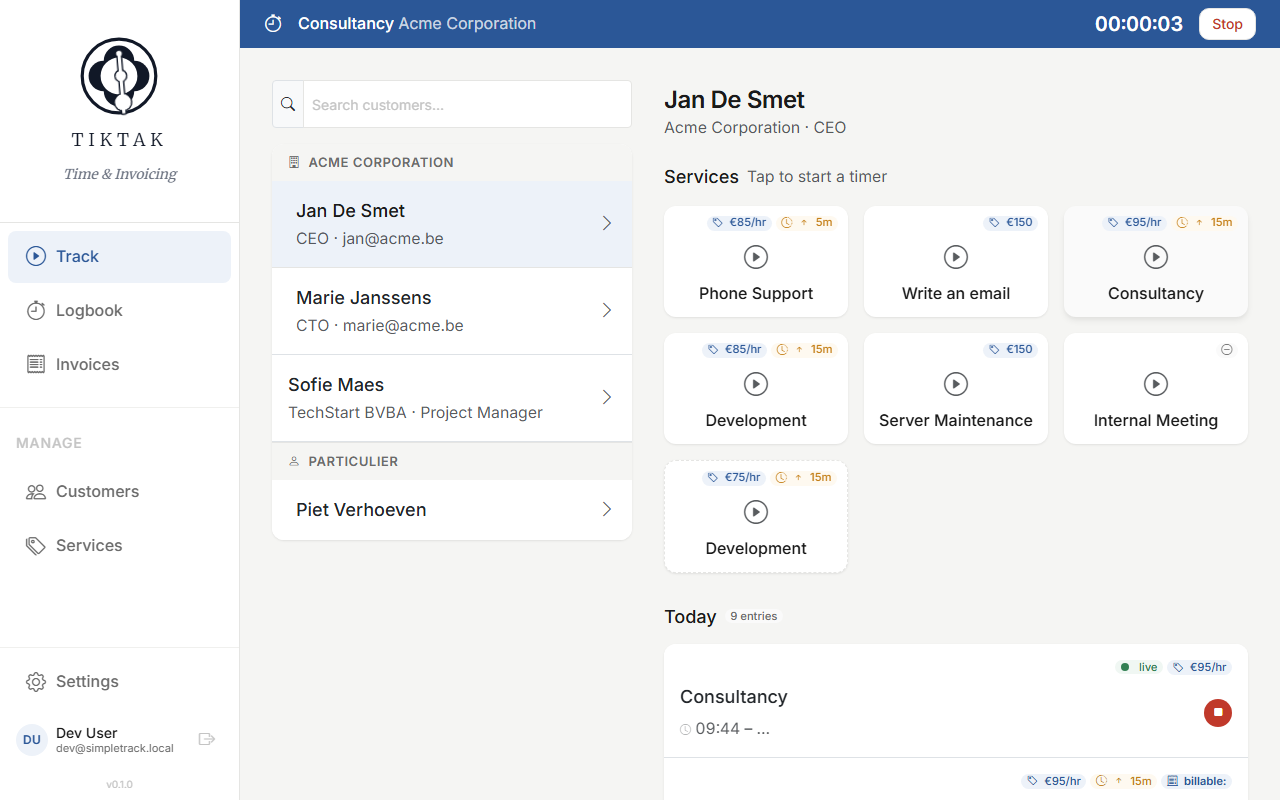 Sticky timer bar at top of page showing running timer with elapsed time and stop button