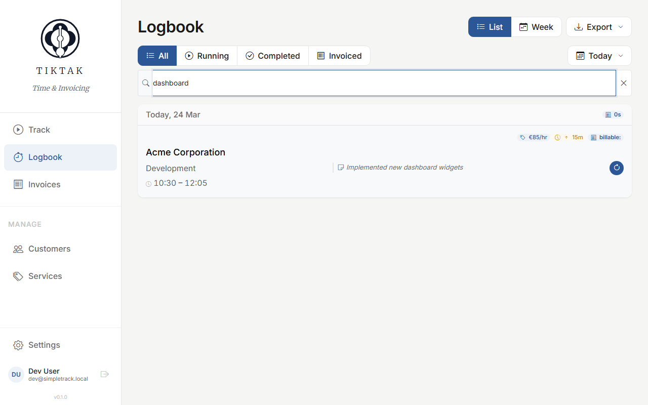 Filtering the logbook by date and search