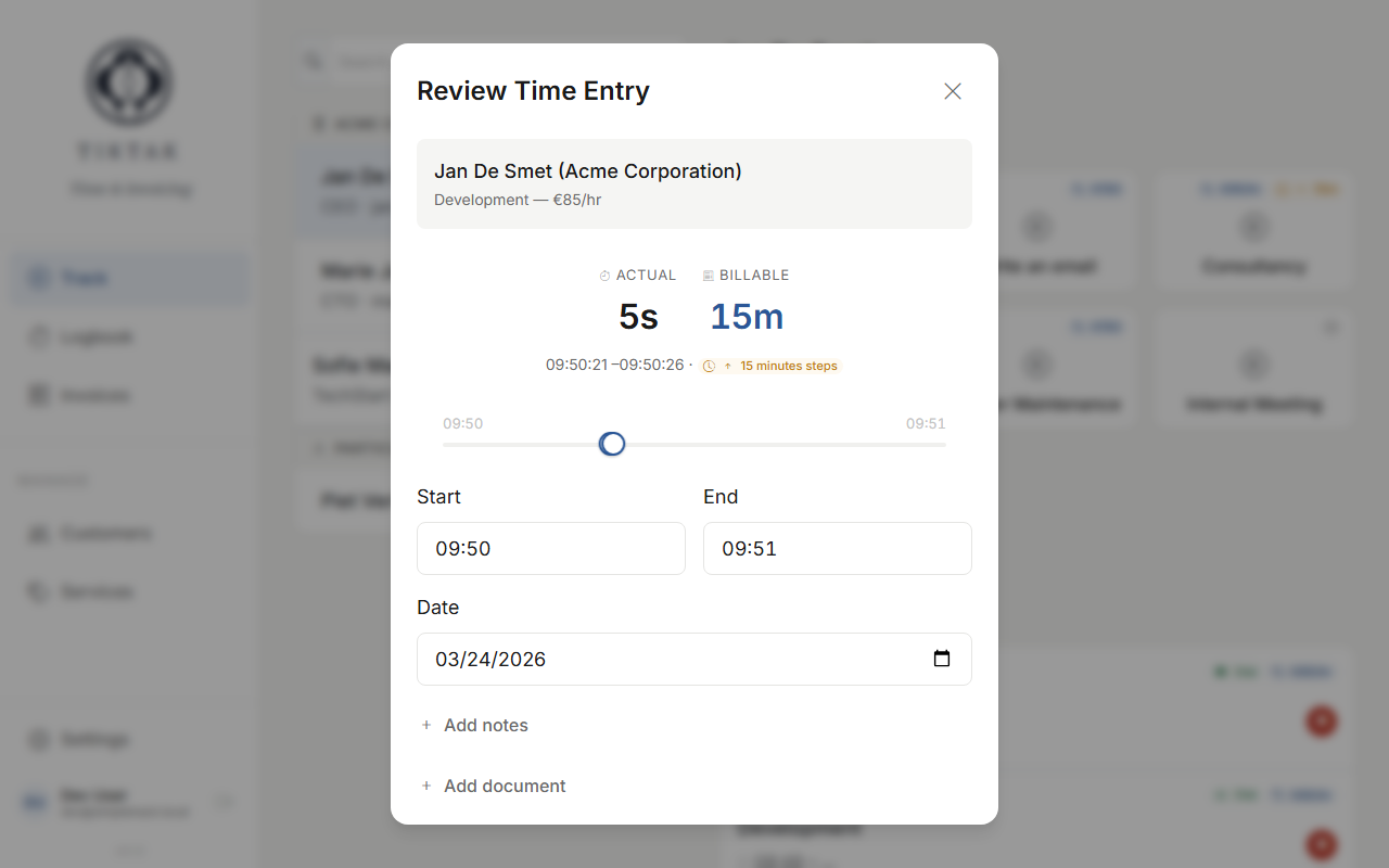 Review Time Entry card showing actual duration vs billable duration with time slider and date picker