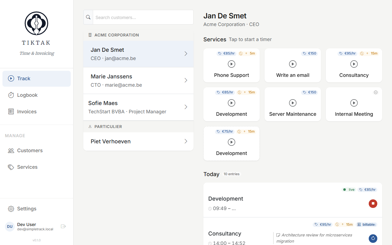 Track screen showing a non-billable Internal Meeting service card with grey dash icon and today's entries with non-billable pill